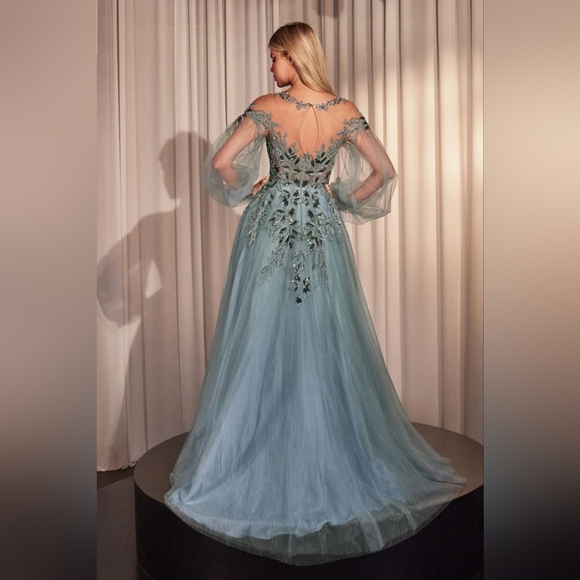 Dusty Blue Long Sleeve A-line Tulle & Lace Gown - Picture 2 of 3